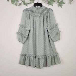 Zara Girls Size 10 Long Sleeve Ruffle High Neck Green Dress Lined